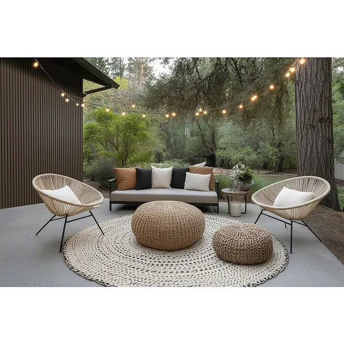 Wandpaneel Outdoor - Dark Brown, WPC, 2.350 x 219 x 26 mm - Eine entspannende Outdoor-Szene mit einem modernen Sofa, gemütlichen Sesseln und rustikalen Poufs auf einem runden Teppich unter warmen Lichtern.