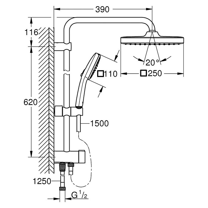 Grohe Vitalio Comfort Duschsystem 250 (Lochabstand: 62 cm, Anzahl Strahlarten: 2 Stk., Chrom) | BAUHAUS