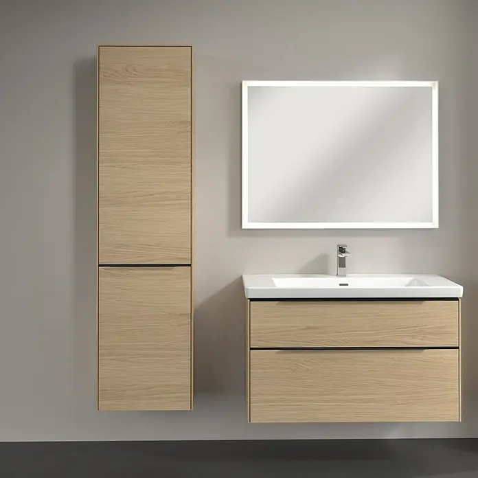Villeroy & Boch Subway 3.0 Hochschrank - B x T x H: 40 x 36,2 x 171 cm, 1x Klappe mit Wäschekorb, 1x Tür, Nordik oak, Farbe Griff: Volcano black, DIN Anschlag: Links - Modernes Badezimmer-Set mit Holzschrank, Waschtischunterschrank und beleuchtetem Spiegel für ein stilvolles Ambiente.