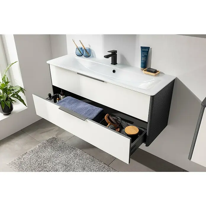 Camargue Marea Badmöbel-Set - Anthrazit/Weiß, Matt, 4 -tlg., Anzahl Spiegeltüren: 2 Stk., Anzahl Türen: 1 Stk. - Modernes Badezimmerwaschbecken mit offener Schublade, das stilvolles Design und praktische Aufbewahrungslösungen vereint.