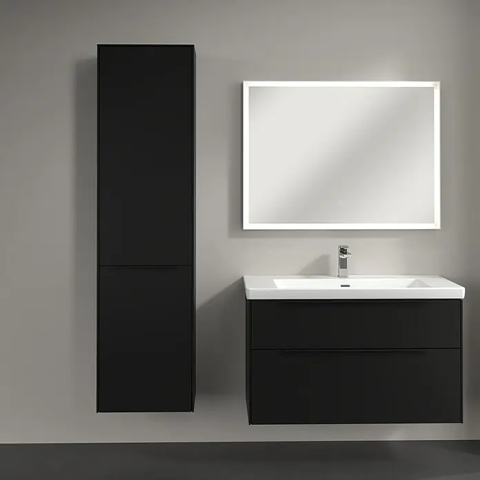 Villeroy & Boch Subway 3.0 Hochschrank - B x T x H: 40 x 36,2 x 171 cm, 1x Klappe mit Wäschekorb, 1x Tür, Volcano Black, Farbe Griff: Volcano black, DIN Anschlag: Links - Elegantes Badezimmer-Set in Schwarz mit Waschbeckenunterschrank, Spiegelschrank und Hochschrank für ein stilvolles Ambiente.
