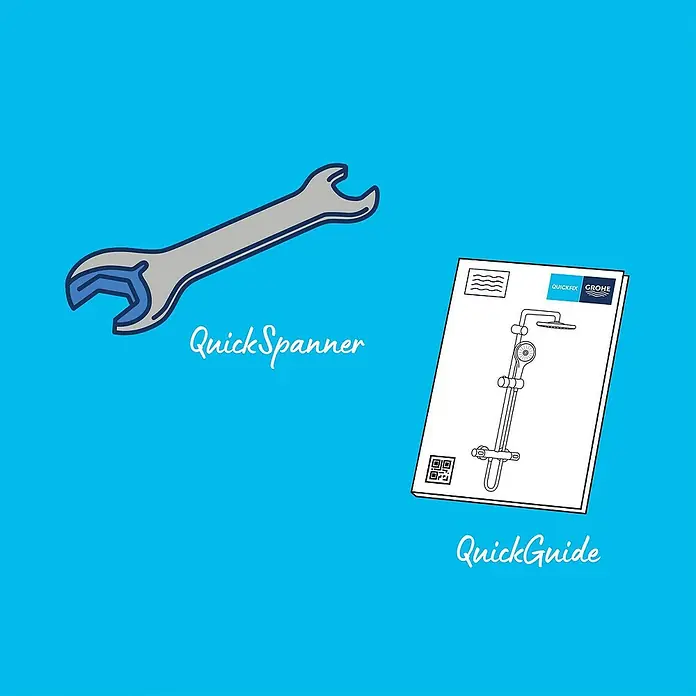 Grohe Vitalio Comfort Duschsystem 250 - Lochabstand: 62 cm, Anzahl Strahlarten: 2 Stk., Chrom - Bild eines QuickSpanners und QuickGuides für die schnelle Installation von Sanitärprodukten.