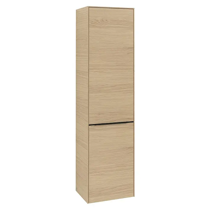 Villeroy & Boch Subway 3.0 Hochschrank - B x T x H: 40 x 36,2 x 171 cm, 1x Klappe mit Wäschekorb, 1x Tür, Nordik oak, Farbe Griff: Volcano black, DIN Anschlag: Links - Ein eleganter, zweitüriger Holzschrank mit einer markanten horizontalen Griffleiste, ideal für moderne Wohnräume mit viel Stauraum.