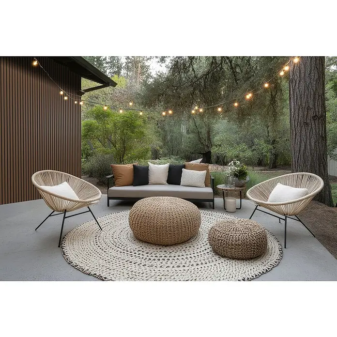 Wandpaneel Outdoor - Brown, WPC, 2.350 x 219 x 26 mm - Einladende Terrasse mit Outdoor-Sitzgruppe, bestehend aus Sofa, Sesseln und Poufs auf einem runden Teppich, beleuchtet mit warmen Lichterketten.