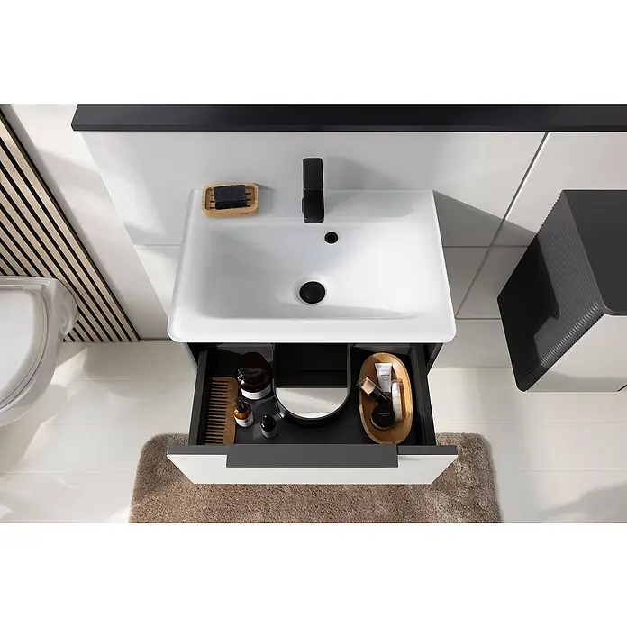 Camargue Marea Waschtischunterschrank - 57,2 x 38,5 x 48 cm, Anthrazit/Weiß - Ein stilvolles Waschbecken mit offenem Unterschrank, der Kosmetikartikel und Pflegeprodukte präsentiert. Elegantes Baddesign mit praktischer Aufbewahrung.