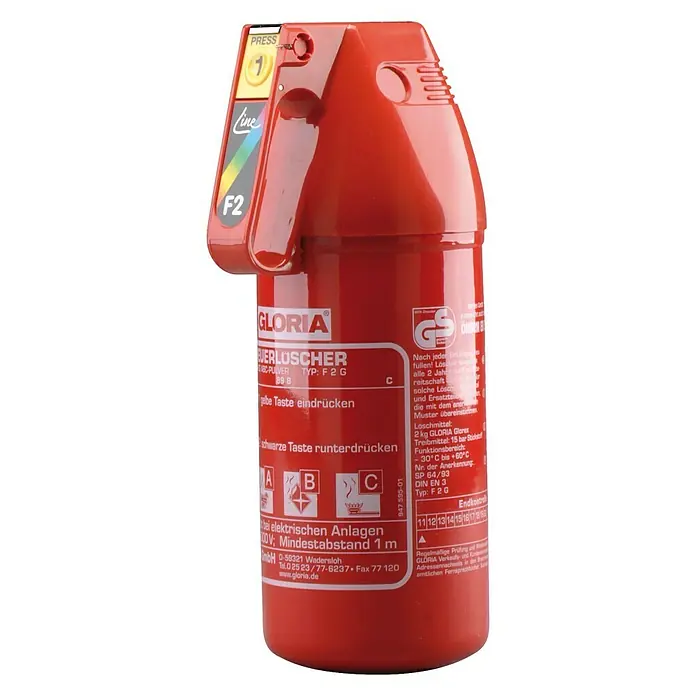 Gloria Feuerlöscher F 2 G - 2 kg, Löschmittel: Pulver - Roter Gloria Feuerlöscher F2G, ein unverzichtbares Gerät für den Brandschutz. Leicht zu bedienen, ideal für den Hausgebrauch.