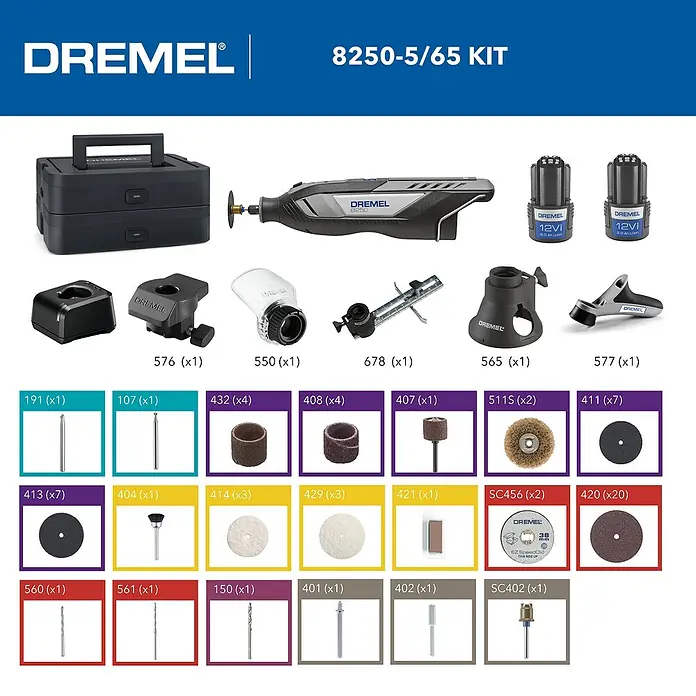 Akku-Multifunktionswerkzeug - 12 V, 1 Akku, 2 Ah, 65-tlg. Zubehör + 5 Vorsätze + Tragekoffer - Abbildung des Dremel 8250-5/65 Kits, das ein multifunktionales Werkzeug mit Zubehör für verschiedene Heimwerker- und Bastelarbeiten enthält.