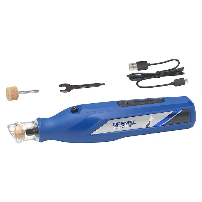 Dremel Krallenpflege-Set 7350 PET - 3,6 V, 12.000 U/min - Dremel 7350-PET Akku-Krallenpfleger-Set mit Zubehör: Schleifaufsatz, Schraubenschlüssel und USB-Ladekabel für präzise Krallenpflege.
