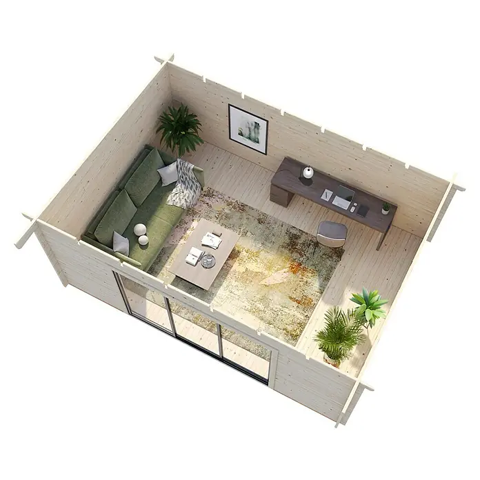 Palmako Gartenhaus Lea Slide - Außenmaß inkl. Dachüberstand (B x T): 578 x 451 cm, Unbehandeltes Holz, Natur - Ein helles Blockhaus mit Wohnbereich und Büroecke, eingerichtet mit Sofa, Tisch und Schreibtisch. Ideal für ein modernes Homeoffice.