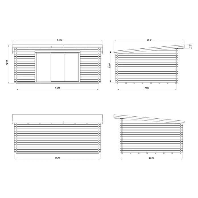 Palmako Gartenhaus Lea Slide - Außenmaß inkl. Dachüberstand (B x T): 578 x 451 cm, Unbehandeltes Holz, Natur - Technische Zeichnung eines Holzhauses mit Maßen, ideal für Garten oder Freizeit. Solide Bauweise und durchdachtes Design.