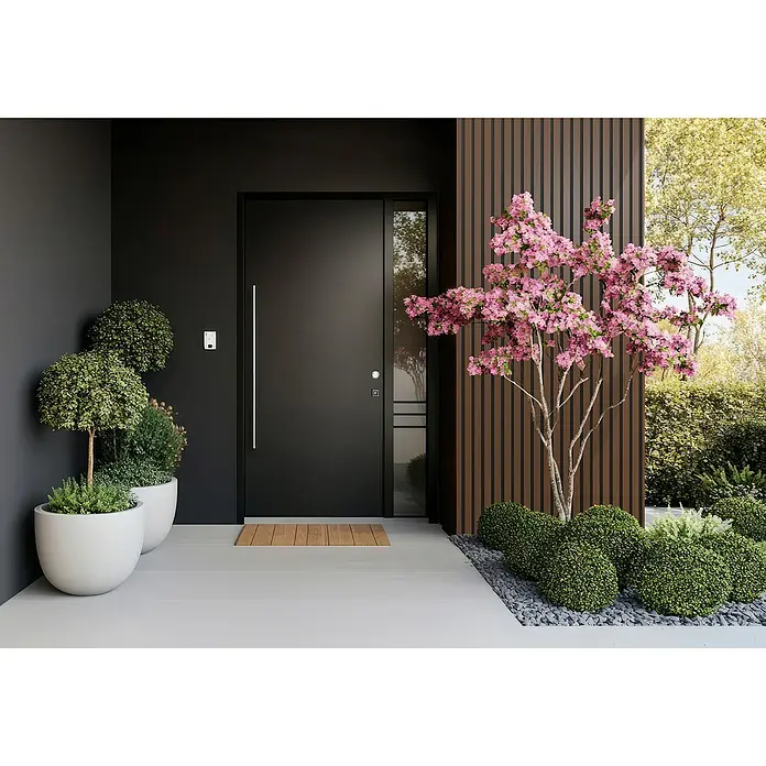 Wandpaneel Outdoor - Brown, WPC, 2.350 x 219 x 26 mm - Elegante schwarze Haustür mit geraden Linien, ergänzt durch moderne Pflanzenarrangements und eine stilvolle Fassade.