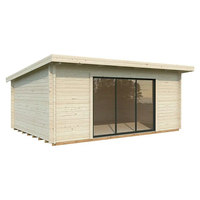 Palmako Gartenhaus Lea Slide - Außenmaß inkl. Dachüberstand (B x T): 578 x 451 cm, Unbehandeltes Holz, Natur - Abbildung eines modernen Gartenhauses mit großen Glasfronten, die viel Tageslicht hereinlassen und eine stilvolle Atmosphäre schaffen.
