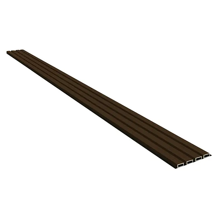 Wandpaneel Outdoor - Brown, WPC, 2.350 x 219 x 26 mm - Hier sind braune Terrassendielen mit rechteckigen Aussparungen zu sehen, die sich ideal für den Bau eines stilvollen und modernen Außenbereichs eignen.