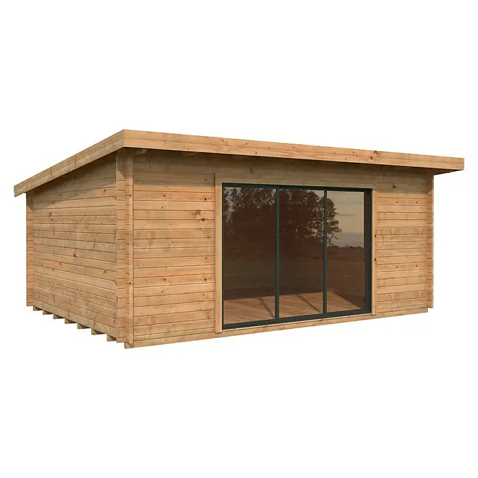 Palmako Gartenhaus Lea Slide Plus - Außenmaß inkl. Dachüberstand (B x T): 578 x 451 cm, Tauchgrundiertes Holz, Hellbraun - Das Bild zeigt ein modernes Gartenhaus mit großen Glasfronten und Holzwänden. Perfekt für den Garten!
