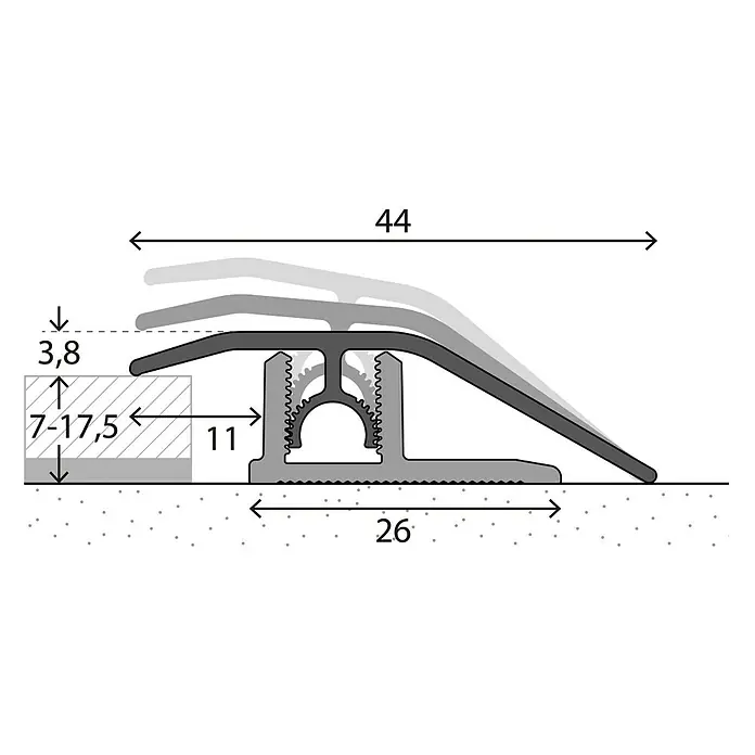 LOGOCLIC Anpassprofil 307 - Edelstahl matt, 2,7 m x 44 mm, Montageart: Stecken - Profilübergang mit Maßen. Das Profil ist grau und hat eine Breite von 44 mm. Die Höhe beträgt 3,8 mm.