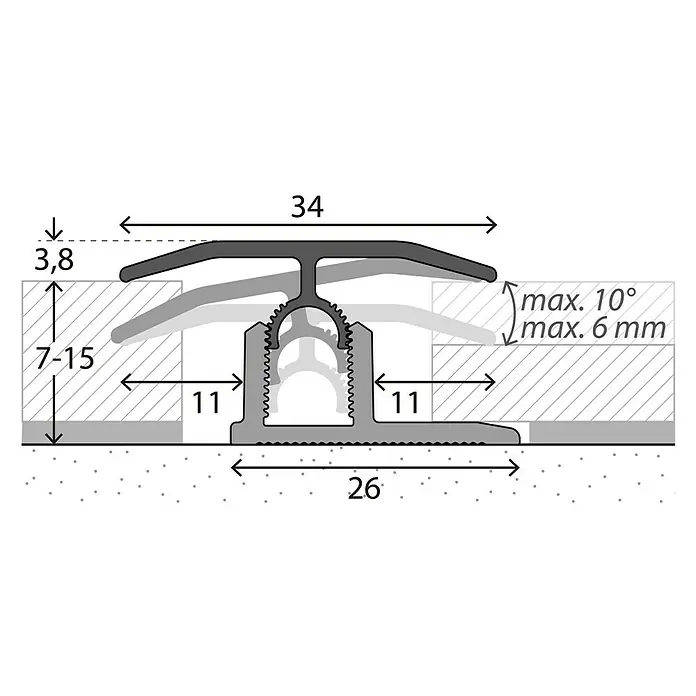 LOGOCLIC Übergangsprofil 303 - Eiche Hell, 0,9 m x 34 mm, Montageart: Stecken - Eine technische Zeichnung eines Bodenprofils mit verschiedenen Maßen und Winkeln.