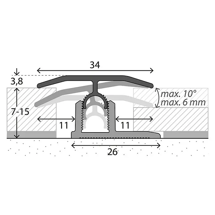 LOGOCLIC Übergangsprofil 303 - Edelstahl matt, 2,7 m x 34 mm, Montageart: Stecken - Technische Zeichnung eines Übergangsprofils mit Maßangaben, das Höhenunterschiede von 7-15 mm ausgleichen kann.