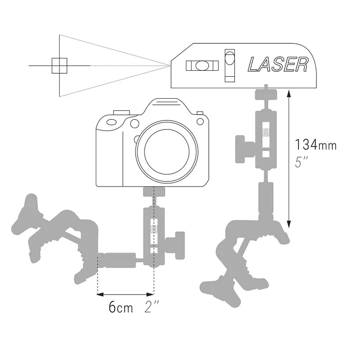 Piher Soporte universal 34061 - Anchura de expansión: 1,8 cm - 4,8 cm, Apertura máxima: 48 mm - Ilustración de un sistema de cámara con láser, etiquetada con dimensiones de 134 mm de altura y 6 cm de ancho.