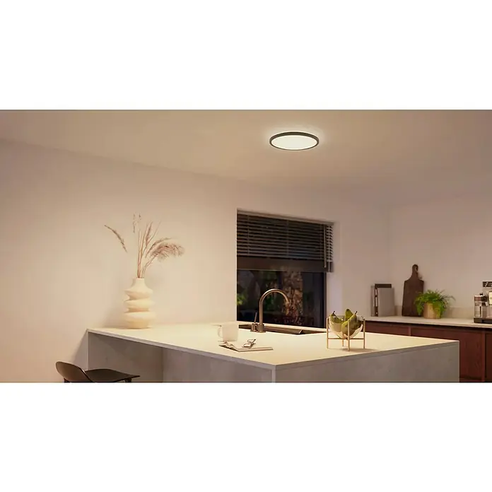 Philips Hue LED-Panel rund White Tento S - 16,6 W, Ø x H: 29,1 x 3,2 cm, Schwarz, Warmweiß - Eine moderne Küche mit einer schlanken Philips Deckenleuchte, die für helles und gleichmäßiges Licht sorgt. Das minimalistische Design passt perfekt.