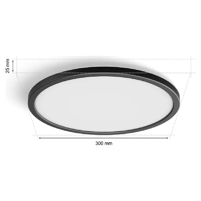 Philips Hue LED-Panel rund White Tento S - 16,6 W, Ø x H: 29,1 x 3,2 cm, Schwarz, Warmweiß - Nahaufnahme einer runden Deckenleuchte mit schwarzem Rand und weißem Diffusor, Maße von 300 mm Durchmesser und 25 mm Höhe.