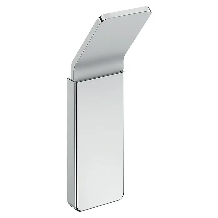 Cosmic Toallero de gancho Nea - 1 ud., Cromo, Brillante - Primer plano de un toallero de metal moderno y brillante con una base rectangular y un estante superior en ángulo.