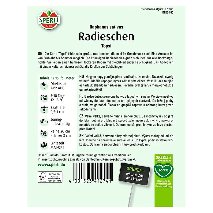 Sperli Radieschen Topsi - Raphanus sativus, Erntezeit: Mai - Samenpackung Radieschen 'Topsi' von Sperli. Für knackige, rote Radieschen aus dem eigenen Garten, ideal für Rohkostgerichte.