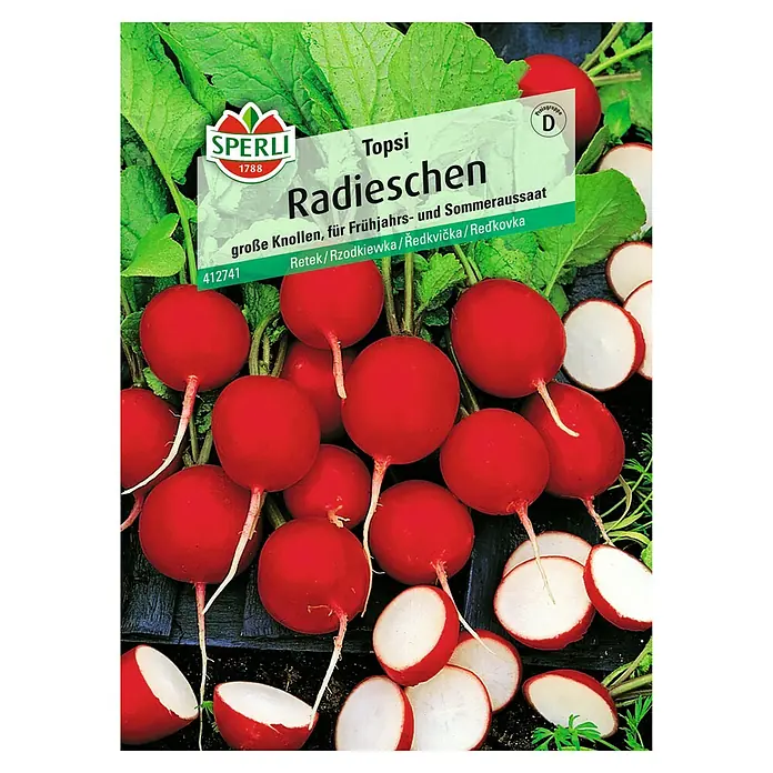 Sperli Radieschen Topsi - Raphanus sativus, Erntezeit: Mai - Samenpackung "Topsi Radieschen" von Sperli: große, rote Radieschen für Frühjahrs- und Sommeraussaat.