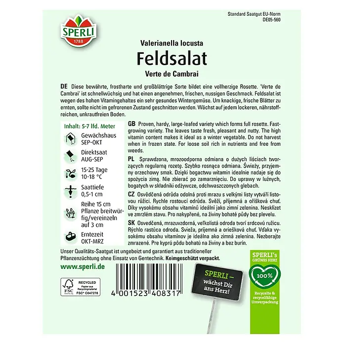 Sperli Salatsamen Feldsalat - Valerianella locusta, Erntezeit: April - SPERLI Feldsalat 'Verte de Cambrai' Saatgutpackung. Frosthart, schnellwüchsig mit nussigem Geschmack, ideal für den Winteranbau.