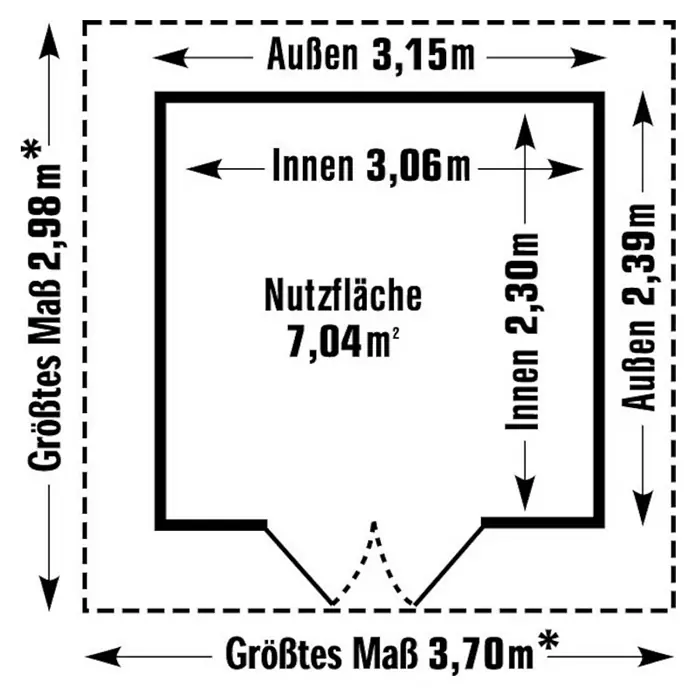 Grosfillex Gerätehaus Utility V7,5 - Außenmaß inkl. Dachüberstand (B x T): 370 x 298 cm, Kunststoff, Grau-blau - Grundrisszeichnung eines Gartenhauses mit Außenmaßen von 3,15m x 2,39m und Innenmaßen von 3,06m x 2,30m, Nutzfläche 7,04m².