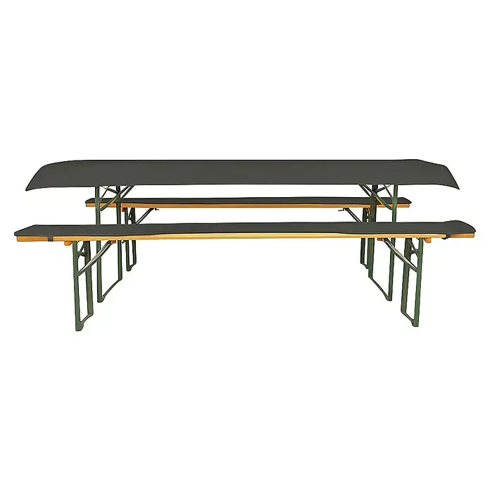 Bierbankauflagen-Set - Anthrazit, 240 x 70 cm, 100 % Polyester, 3 -tlg. - Das Bild zeigt ein Bierzeltgarnitur mit Tisch und Bänken, die mit grauen Bezügen versehen sind, ideal für Feste und Veranstaltungen im Freien.