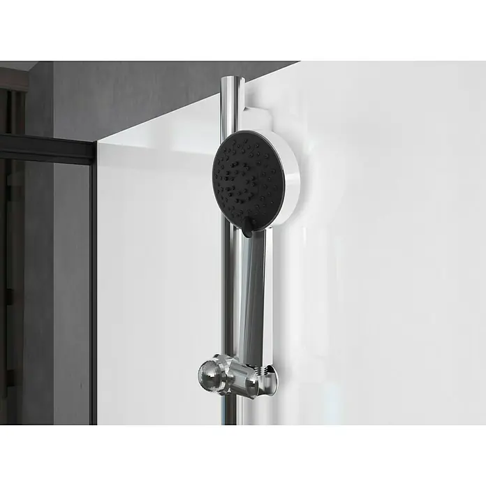 Aurlane Cabina de ducha completa Black Magic - 80 x 110 x 200 cm, Blanco/Negro - Primer plano de un cabezal de ducha con ducha de mano y soporte ajustable en una pared de ducha. Diseño elegante para baños modernos.