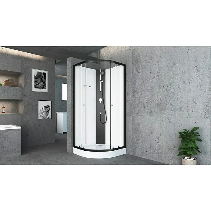 Aurlane Cabina de ducha completa Black Sea - 90 x 90 x 210 cm, Blanco/Negro - Baño moderno con una elegante cabina de ducha con marco negro, añadiendo un toque de sofisticación y confort a la ducha.