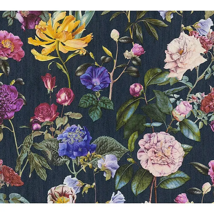A.S. Création Trendwall Vliestapete Blumenwiese - Bunt/Blau, Floral, 10,05 x 0,53 m - Elegante Blumentapete mit üppigen Blüten und Blättern auf dunklem Hintergrund, ideal für stilvolle Raumgestaltung.