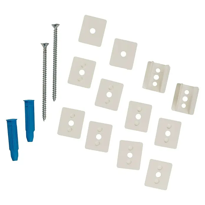 Elfa Décor+ by Elfa Abstands-Set - Passend für: Regalsystem Décor+ by Elfa, Weiß - Die Aufnahme zeigt eine Auswahl an Montagematerialien, darunter Schrauben, Dübel und Befestigungselemente.