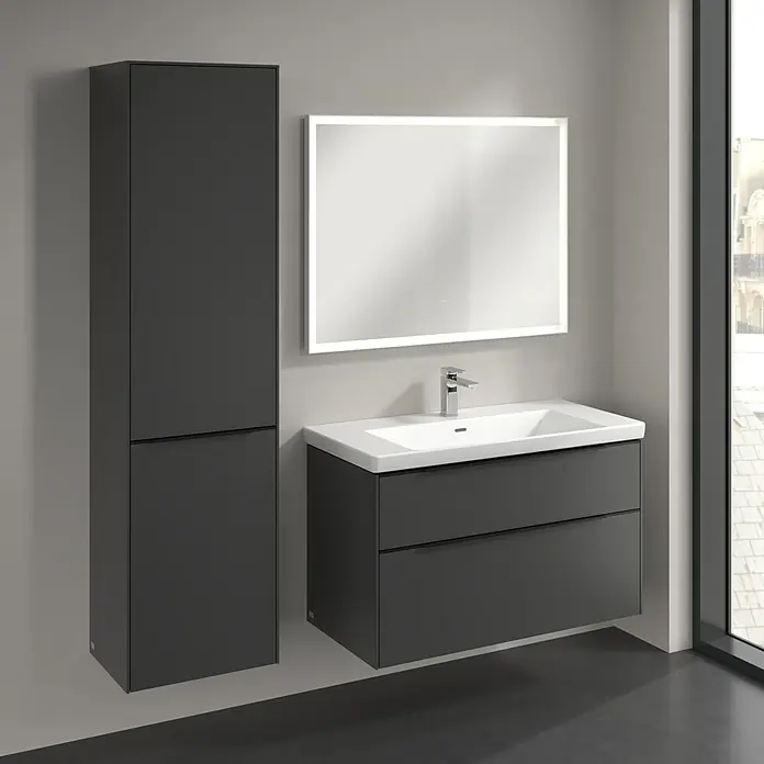 Villeroy & Boch Subway 3.0 Hochschrank - B x T x H: 40 x 36,2 x 171 cm, 1x Klappe mit Wäschekorb, 1x Tür, Graphite, Farbe Griff: Volcano black, DIN Anschlag: Links - Elegantes Badezimmer-Set mit grauem Waschtischunterschrank, Waschbecken, Spiegelschrank mit Beleuchtung und Hochschrank für ein modernes Ambiente.