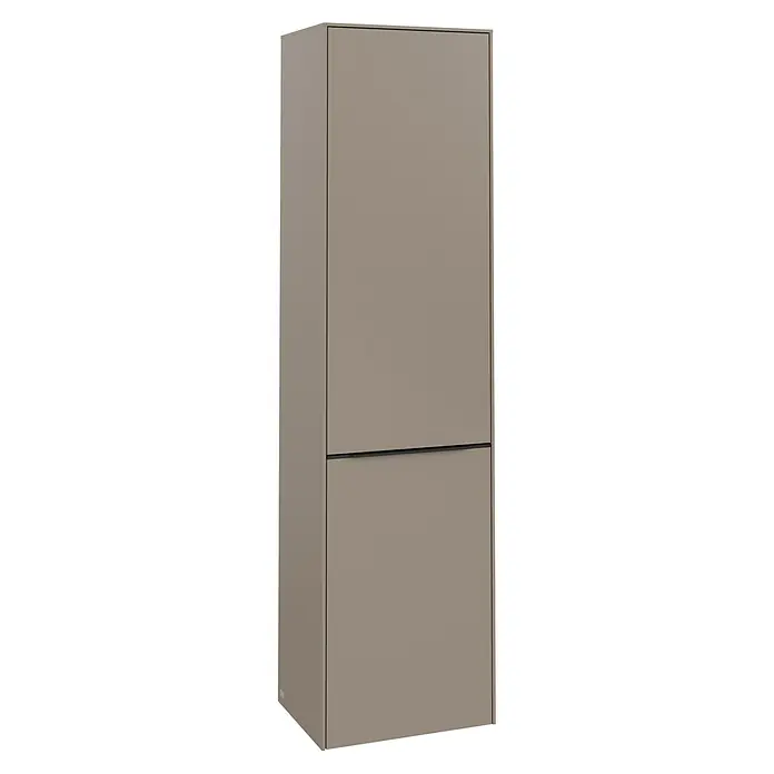 Villeroy & Boch Subway 3.0 Hochschrank - B x T x H: 40 x 36,2 x 171 cm, 1x Klappe mit Wäschekorb, 1x Tür, Taupe, Farbe Griff: Volcano black, DIN Anschlag: Links - Schlichter brauner Kühlschrank mit zwei Türen. Modernes Design für die Küche mit geraden Linien und minimalistischer Optik.