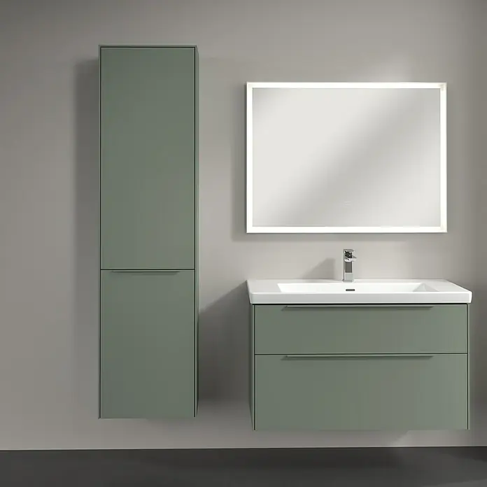 Villeroy & Boch Subway 3.0 Hochschrank - B x T x H: 40 x 36,2 x 171 cm, 1x Klappe mit Wäschekorb, 1x Tür, Soft Green, Farbe Griff: Soft Green, DIN Anschlag: Links - Modernes Badezimmer-Set in Salbeigrün mit Waschtischunterschrank, beleuchtetem Spiegel und Hochschrank. Elegantes Design für das stilvolle Bad.