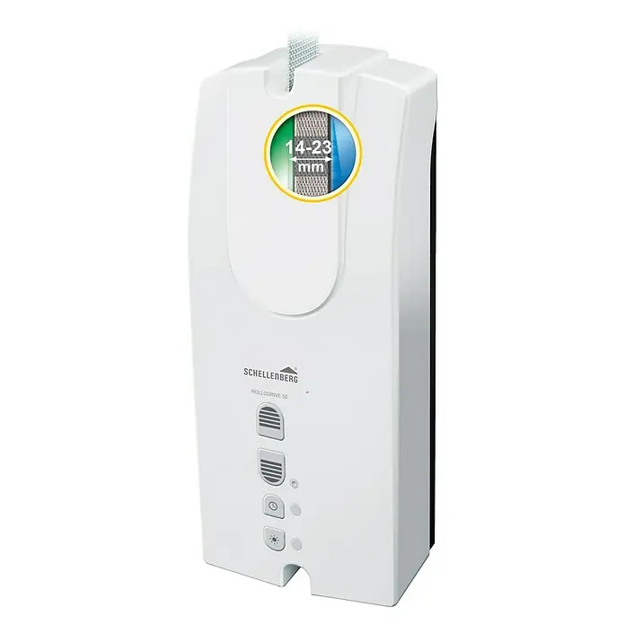 Schellenberg Recogedor de cinta de persiana Rollodrive 55 - En pared, Anchura de la correa: 14 mm - 23 mm, 230 mm - Primer plano de un enrollador de correa Schellenberg RolloDrive 55, un dispositivo para el control automático de persianas enrollables.