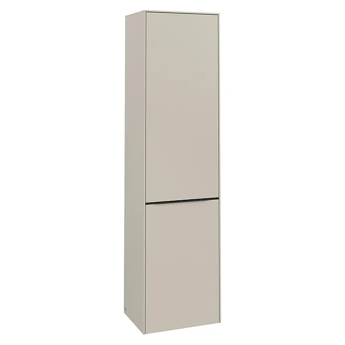 Villeroy & Boch Subway 3.0 Hochschrank - B x T x H: 40 x 36,2 x 171 cm, 1x Klappe mit Wäschekorb, 1x Tür, Cashmere Grey, Farbe Griff: Volcano black, DIN Anschlag: Links - Ein cremefarbener Hochschrank mit zwei Fächern, getrennt durch einen dunklen Griff, bietet stilvollen Stauraum.