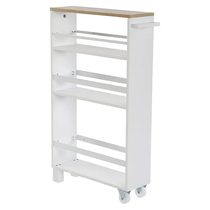 Versa Carro de cocina - L x An x Al: 50 x 15 x 79 cm, Blanco - Imagen de una estantería con varios estantes hechos de madera blanca y ruedas en la parte inferior.