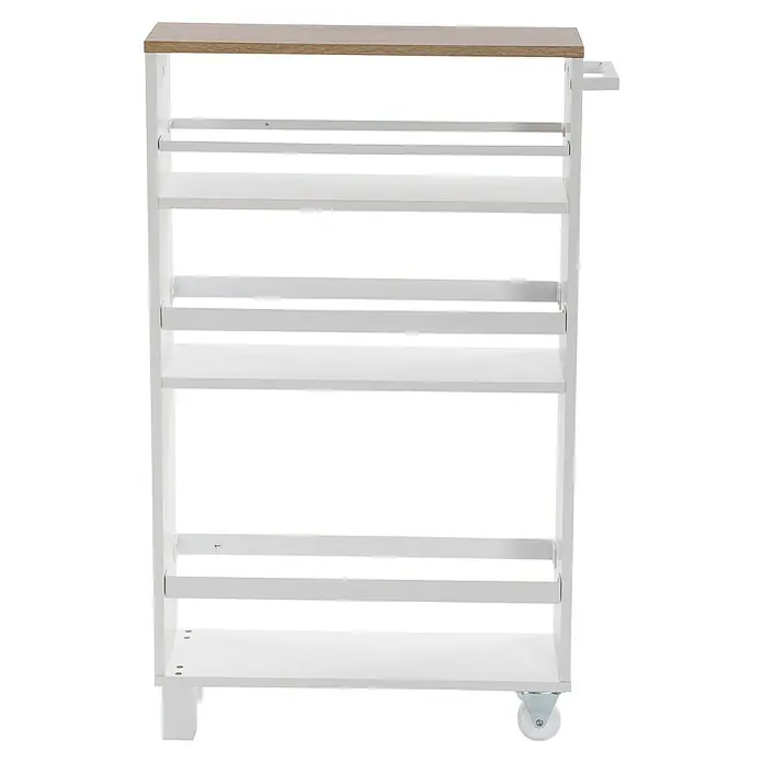 Versa Carro de cocina - L x An x Al: 50 x 15 x 79 cm, Blanco - Carrito con cuatro estantes blancos y una tapa de madera clara, perfecto para almacenamiento en la cocina o el baño. Práctico y elegante.