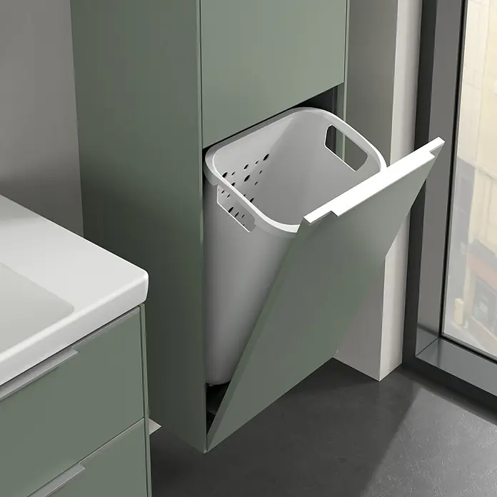 Villeroy & Boch Subway 3.0 Hochschrank - B x T x H: 40 x 36,2 x 171 cm, 1x Klappe mit Wäschekorb, 1x Tür, Soft Green, Farbe Griff: Aluminium glänzend, DIN Anschlag: Rechts - Hier ist ein Badezimmerschrank mit integriertem Wäschekorb, der sich perfekt für die Organisation eignet.