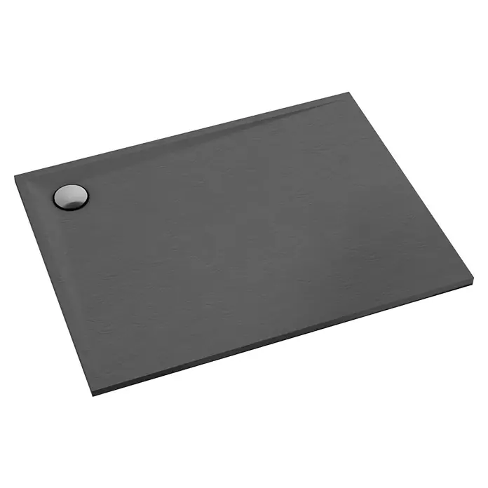 Duschboard Velto - L x B: 75 x 140 cm, Anthracite Stone, Materialspezifizierung: Mattierte Oberfläche mit Steinstruktur - Graue Duschwanne mit runder Abdeckung, modernes Design für Badezimmer. Die flache Bauweise bietet Komfort und Stil.