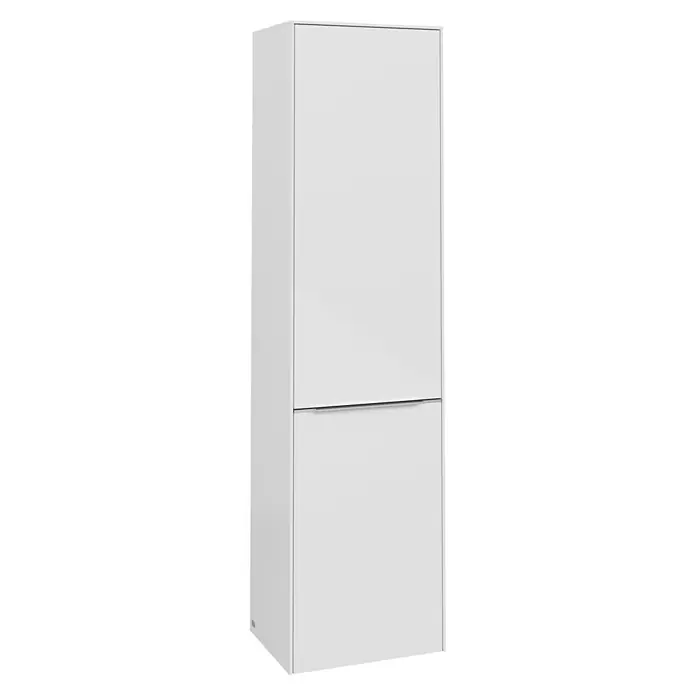 Villeroy & Boch Subway 3.0 Hochschrank - B x T x H: 40 x 36,2 x 171 cm, 1x Klappe mit Wäschekorb, 1x Tür, Brilliant White, Farbe Griff: Aluminium glänzend, DIN Anschlag: Rechts - Ein schlanker, weißer Schuhschrank mit zwei Fächern, ideal für eine moderne und aufgeräumte Aufbewahrung von Schuhen im Flur.