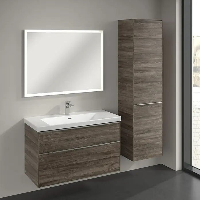 Villeroy & Boch Subway 3.0 Hochschrank - B x T x H: 40 x 36,2 x 171 cm, 1x Klappe mit Wäschekorb, 1x Tür, Stone Oak, Farbe Griff: Aluminium glänzend, DIN Anschlag: Rechts - Moderne Badezimmerkonsole mit Waschbecken, Spiegel und hochschrank mit Holzoptik für ein stilvolles Ambiente.
