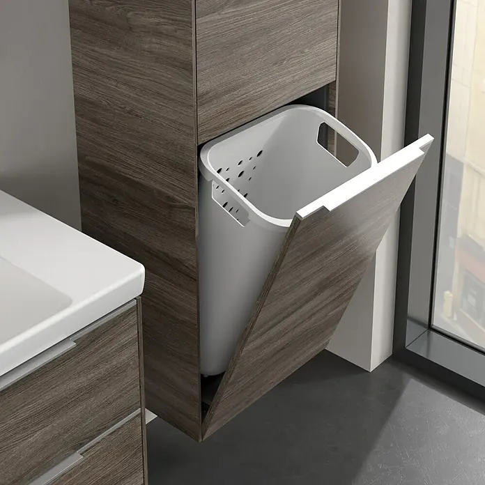 Villeroy & Boch Subway 3.0 Hochschrank - B x T x H: 40 x 36,2 x 171 cm, 1x Klappe mit Wäschekorb, 1x Tür, Stone Oak, Farbe Griff: Aluminium glänzend, DIN Anschlag: Rechts - Eleganter Badezimmerschrank mit integriertem Wäschekorb. Das moderne Design fügt sich nahtlos in jedes Badezimmer ein und bietet praktischen Stauraum.