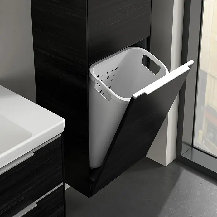 Villeroy & Boch Subway 3.0 Hochschrank - B x T x H: 40 x 36,2 x 171 cm, 1x Klappe mit Wäschekorb, 1x Tür, Black Oak, Farbe Griff: Aluminium glänzend, DIN Anschlag: Rechts - Schrank mit Wäschekorb, der sich durch eine Tür öffnen lässt. Das moderne Badezimmermöbel bietet eine praktische Aufbewahrungslösung.