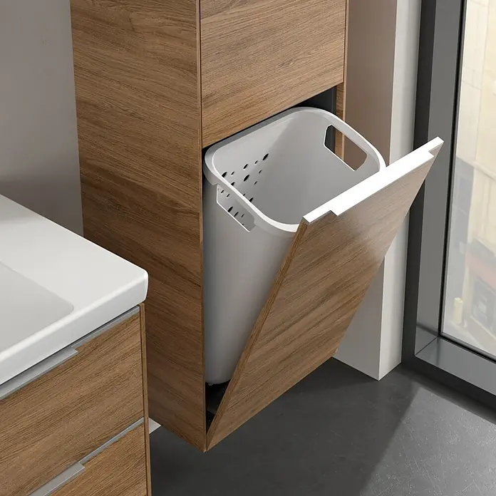 Villeroy & Boch Subway 3.0 Hochschrank - B x T x H: 40 x 36,2 x 171 cm, 1x Klappe mit Wäschekorb, 1x Tür, Kansas Oak, Farbe Griff: Aluminium glänzend, DIN Anschlag: Rechts - Der moderne Badezimmer-Wäschesortierer aus Holz mit Kippfach bietet eine stilvolle und praktische Lösung für die Wäscheaufbewahrung.