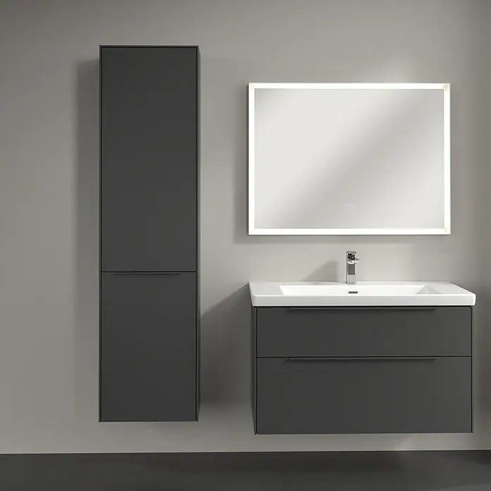 Villeroy & Boch Subway 3.0 Hochschrank - B x T x H: 40 x 36,2 x 171 cm, 1x Klappe mit Wäschekorb, 1x Tür, Graphite, Farbe Griff: Graphite, DIN Anschlag: Links - Badezimmer-Set in Anthrazit mit Waschbeckenunterschrank, Spiegelschrank und Hochschrank für ein modernes Badambiente.
