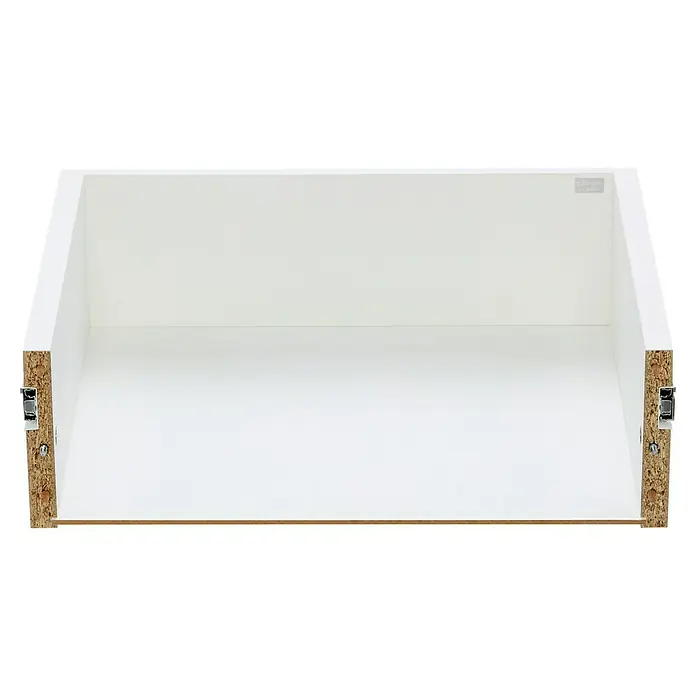 Elfa Décor+ by Elfa Schublade - 40 x 60 x 18,3 cm, Weiß, Passend für: Regalsystem Décor+ by Elfa - Innenansicht einer weißen Schublade mit seitlichen Holzverstärkungen und Metallelementen zur Befestigung.